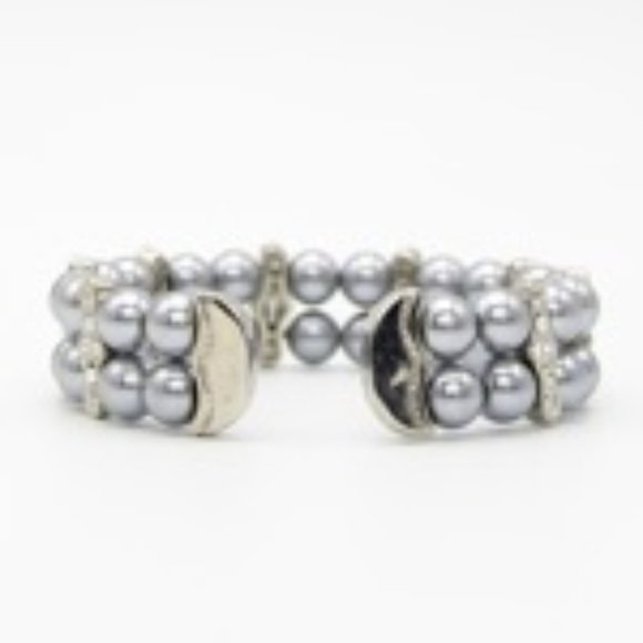 Silver w/Grey 2-Row Glass Pearl Cuff Bracelet - Picture 2 of 3